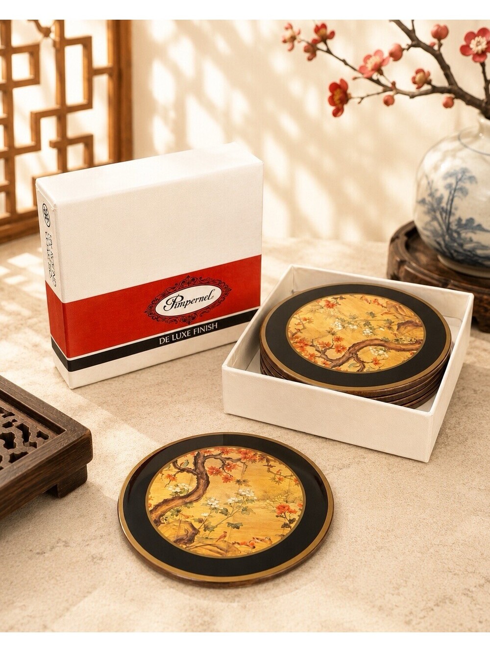 Pimpernel 1980s Set Of 5 Chinese Screen Cork Coasters In Box, 4.5x1.25”
